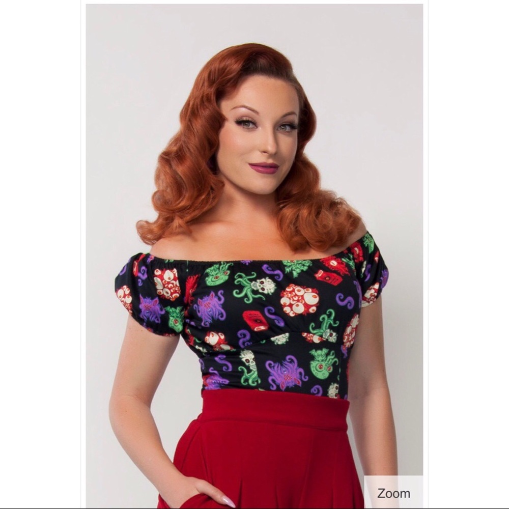 Pinup girl clothing peasant top Cthulhu print
